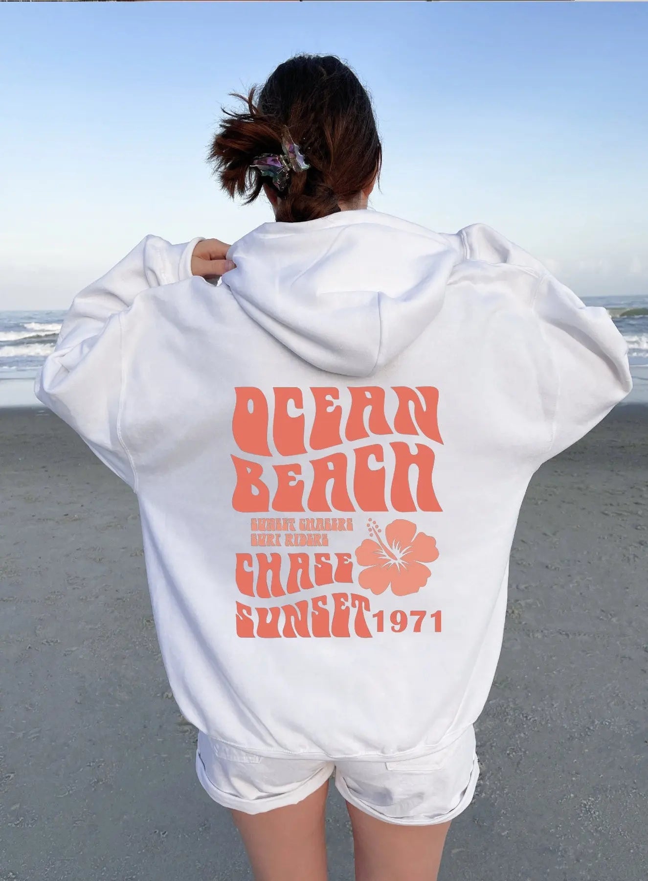 'Ocean Beach Chase Sunset 1971' Letter Printed Long Sleeve Oversized Hoodies