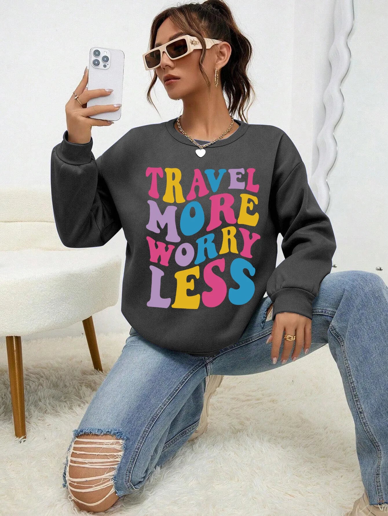 'Travel More Worry Less' Print Comfortable Sweatshirt