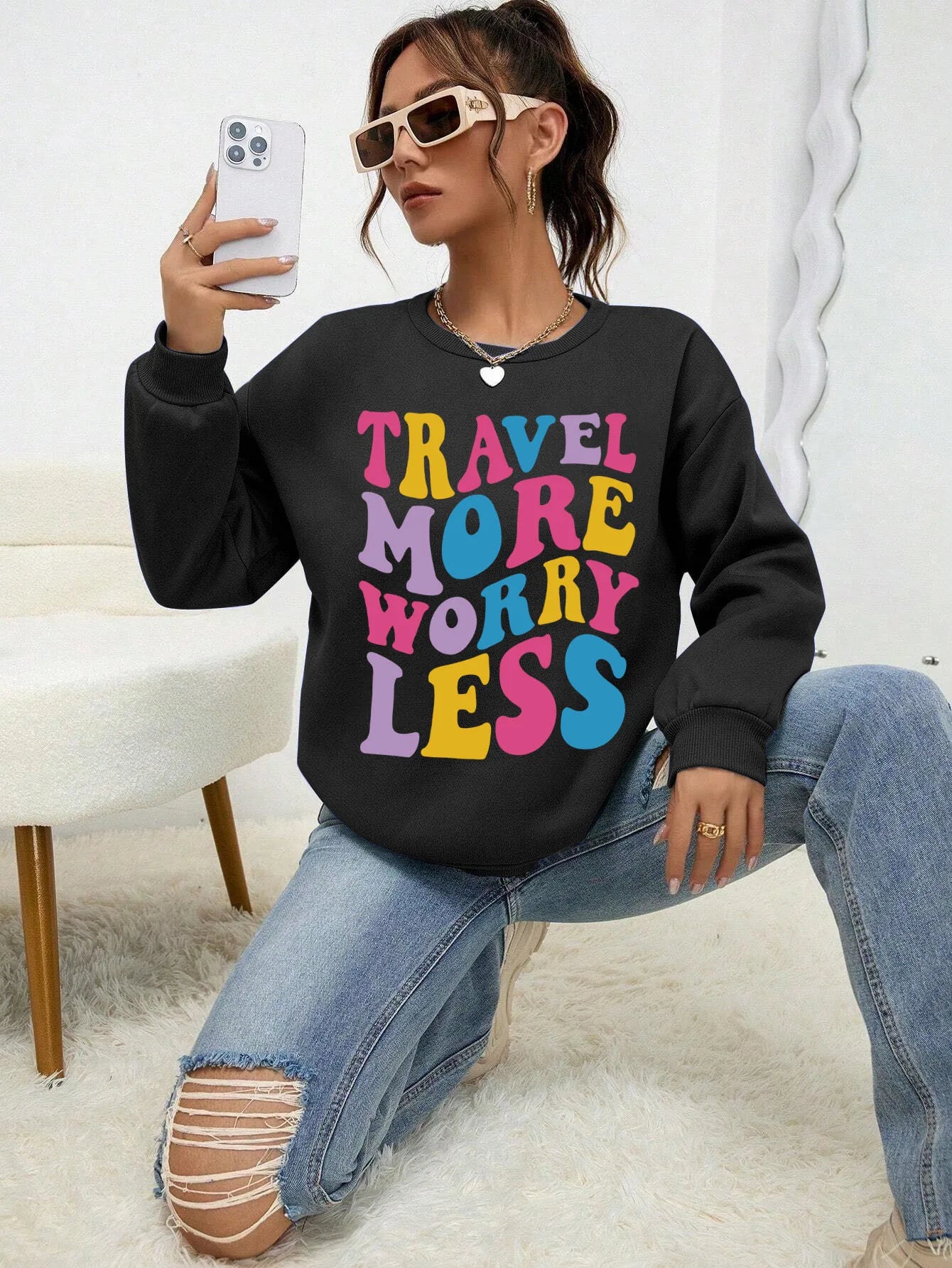 'Travel More Worry Less' Print Comfortable Sweatshirt