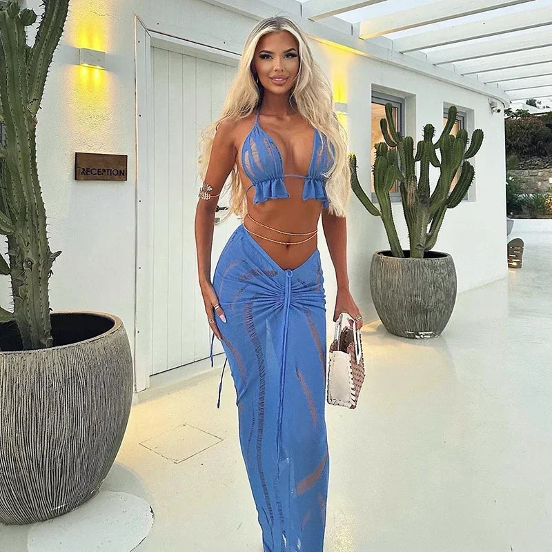 2025 Summer Ladies Sexy Hollow Mesh Beah Backless Tops Drawstring Long Skirts Elegant Sexy Dress