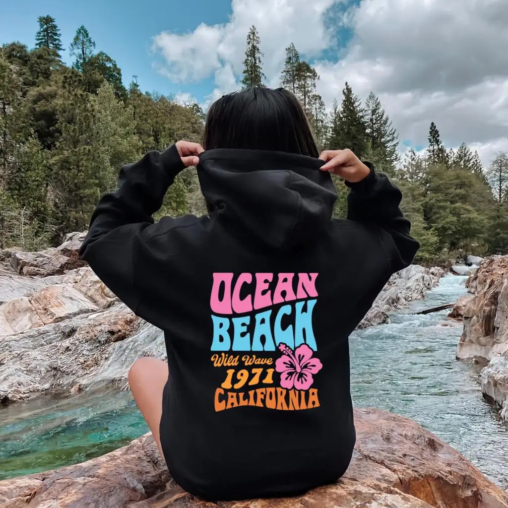 'Ocean Beach Chase Sunset 1971' Letter Printed Long Sleeve Oversized Hoodies