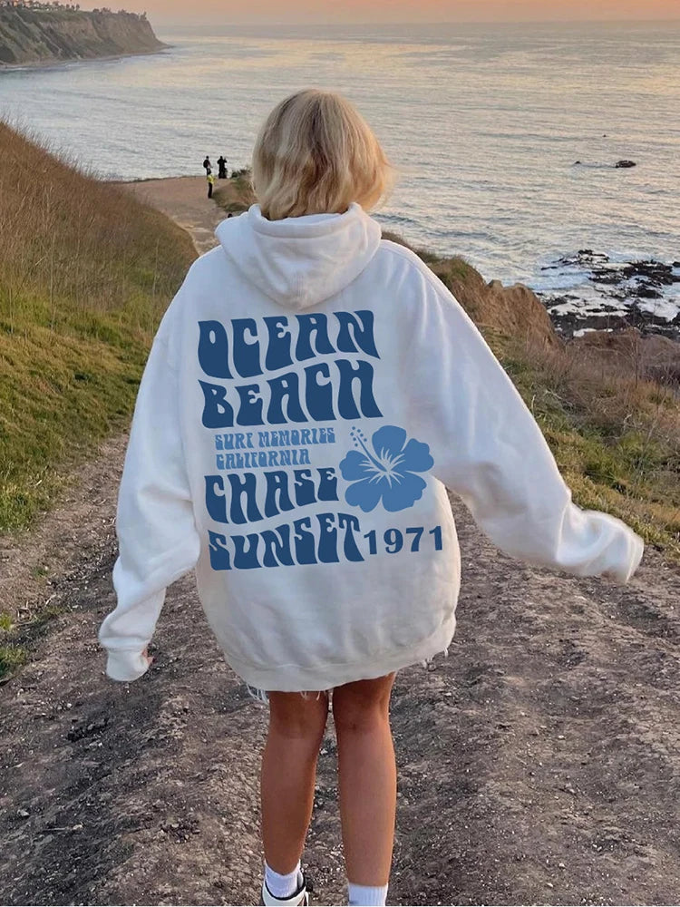 'Ocean Beach Chase Sunset 1971' Letter Printed Long Sleeve Oversized Hoodies