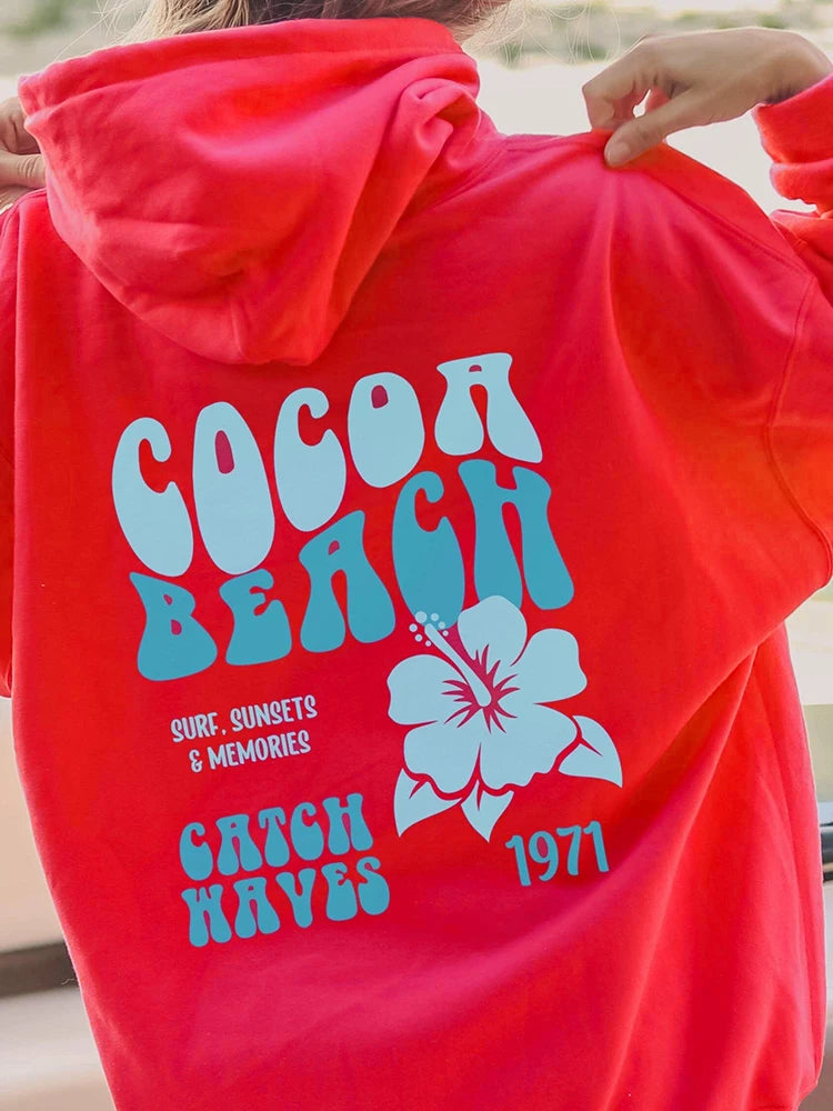 'Ocean Beach Chase Sunset 1971' Letter Printed Long Sleeve Oversized Hoodies