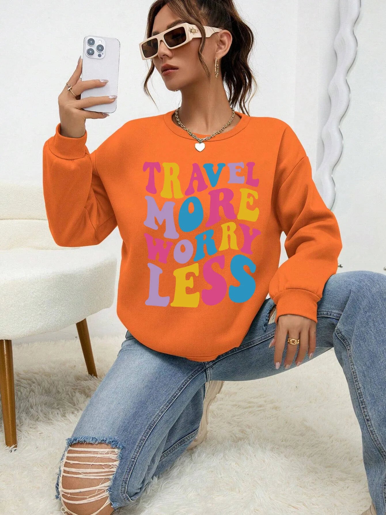'Travel More Worry Less' Print Comfortable Sweatshirt