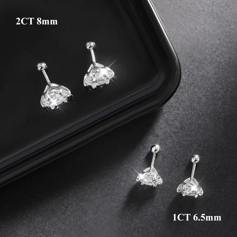 6 MM Prong Diamond Earrings Fine Jewelry, 0.5-2ct Moissanite Screw Stud Earrings D Color, 925 Sterling Silver