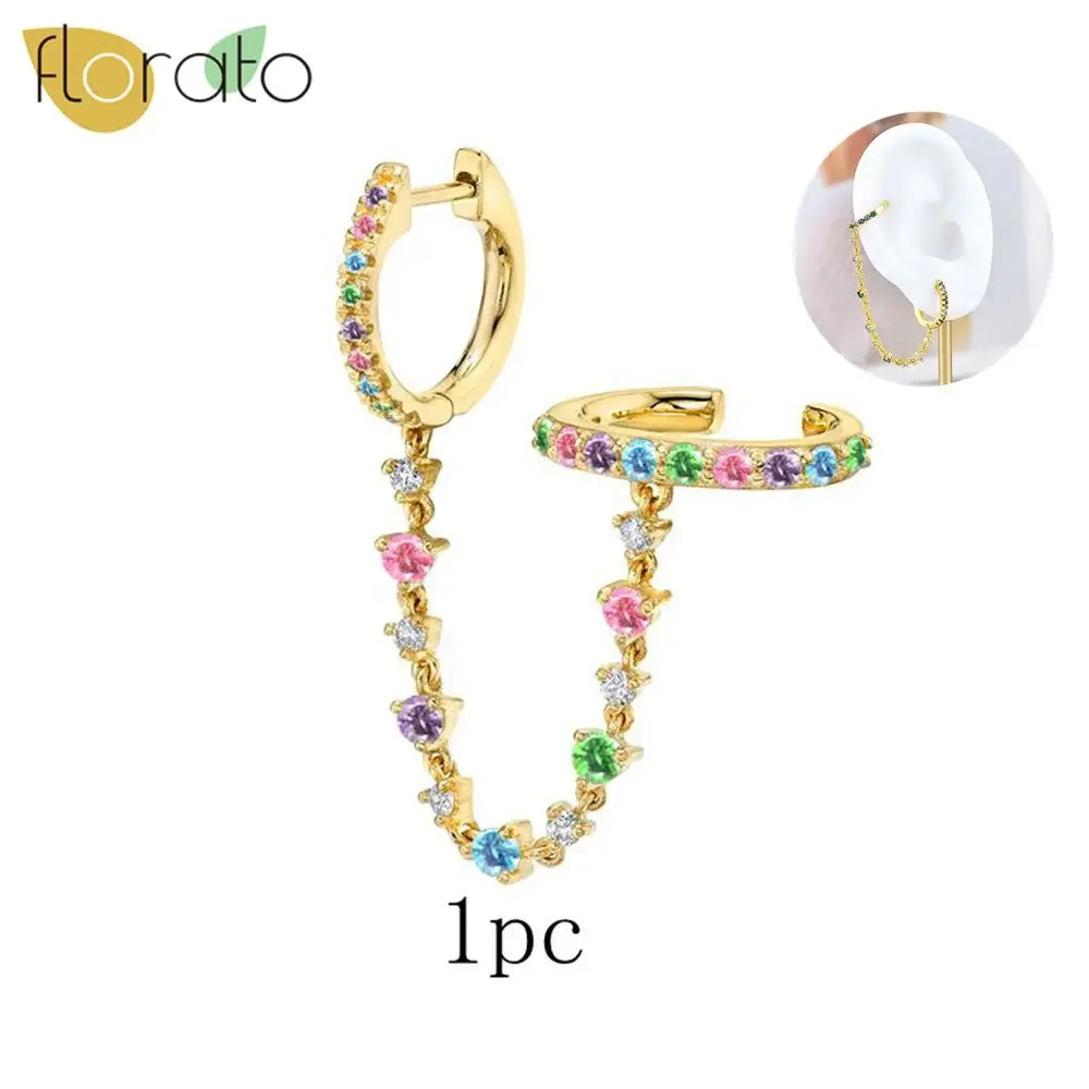 1PC 925 Sterling Silver Ear Needle Colorful Zircon Chain Tassel Hoop Earrings for Women Two Holes Earring Jewelry