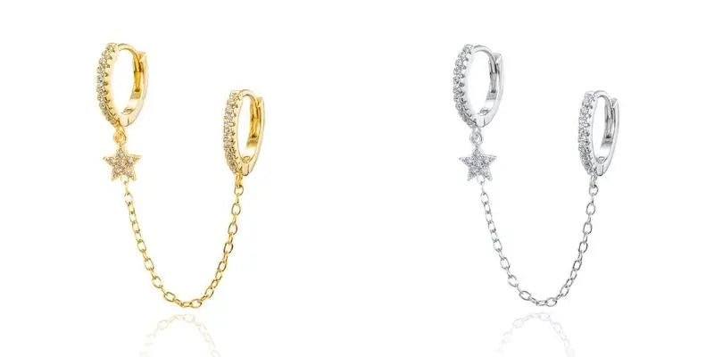 1PC 925 Sterling Silver Ear Needle Colorful Zircon Chain Tassel Hoop Earrings for Women Two Holes Earring Jewelry