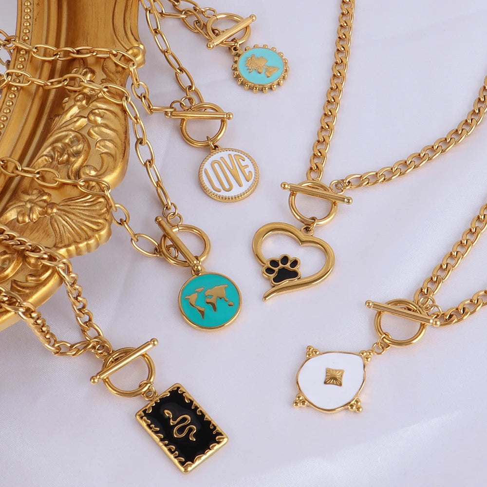316L Stainless Steel Heart Necklace For Women OT Buckle Choker Necklace Eye Shape Color Enamel Pendant Necklaces Chains Jewelry