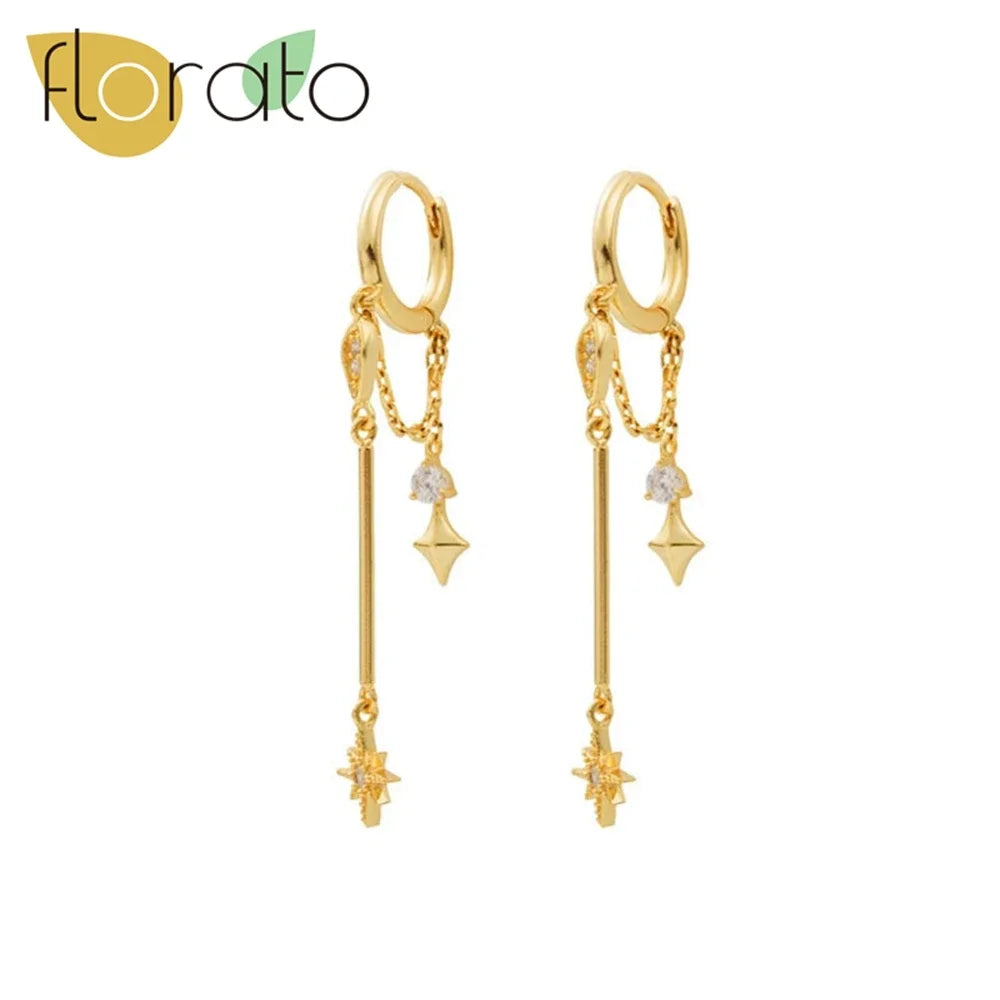 1PC 925 Sterling Silver Ear Needle Colorful Zircon Chain Tassel Hoop Earrings for Women Two Holes Earring Jewelry