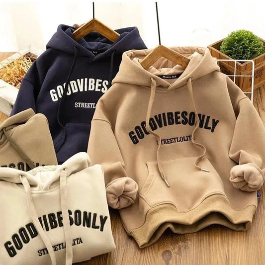 GOOD VIBES ONLY Thick Warm Women Hoodie Fashion Letter Print Plus Velvet Sweatshirts