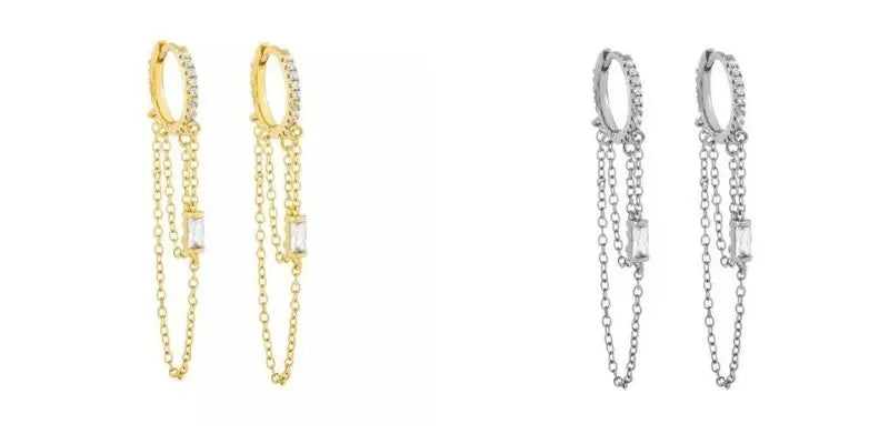 1PC 925 Sterling Silver Ear Needle Colorful Zircon Chain Tassel Hoop Earrings for Women Two Holes Earring Jewelry