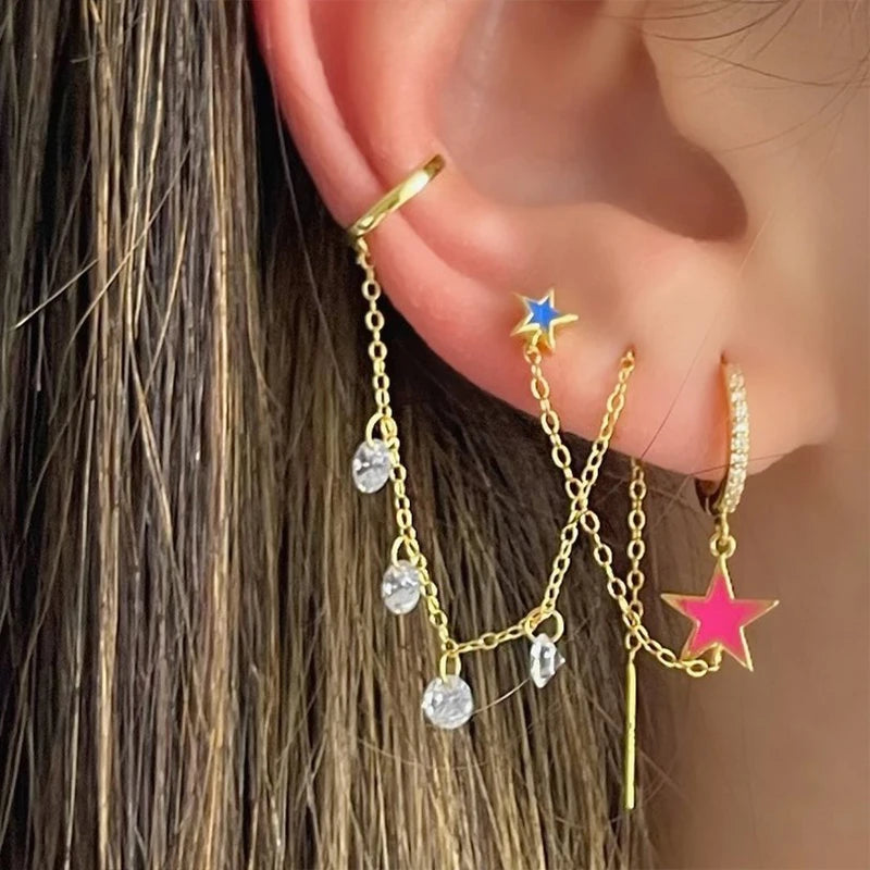 1PC 925 Sterling Silver Ear Needle Colorful Zircon Chain Tassel Hoop Earrings for Women Two Holes Earring Jewelry