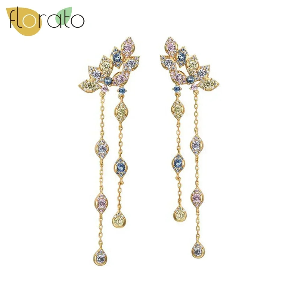 1PC 925 Sterling Silver Ear Needle Colorful Zircon Chain Tassel Hoop Earrings for Women Two Holes Earring Jewelry