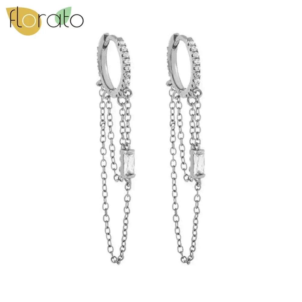 1PC 925 Sterling Silver Ear Needle Colorful Zircon Chain Tassel Hoop Earrings for Women Two Holes Earring Jewelry