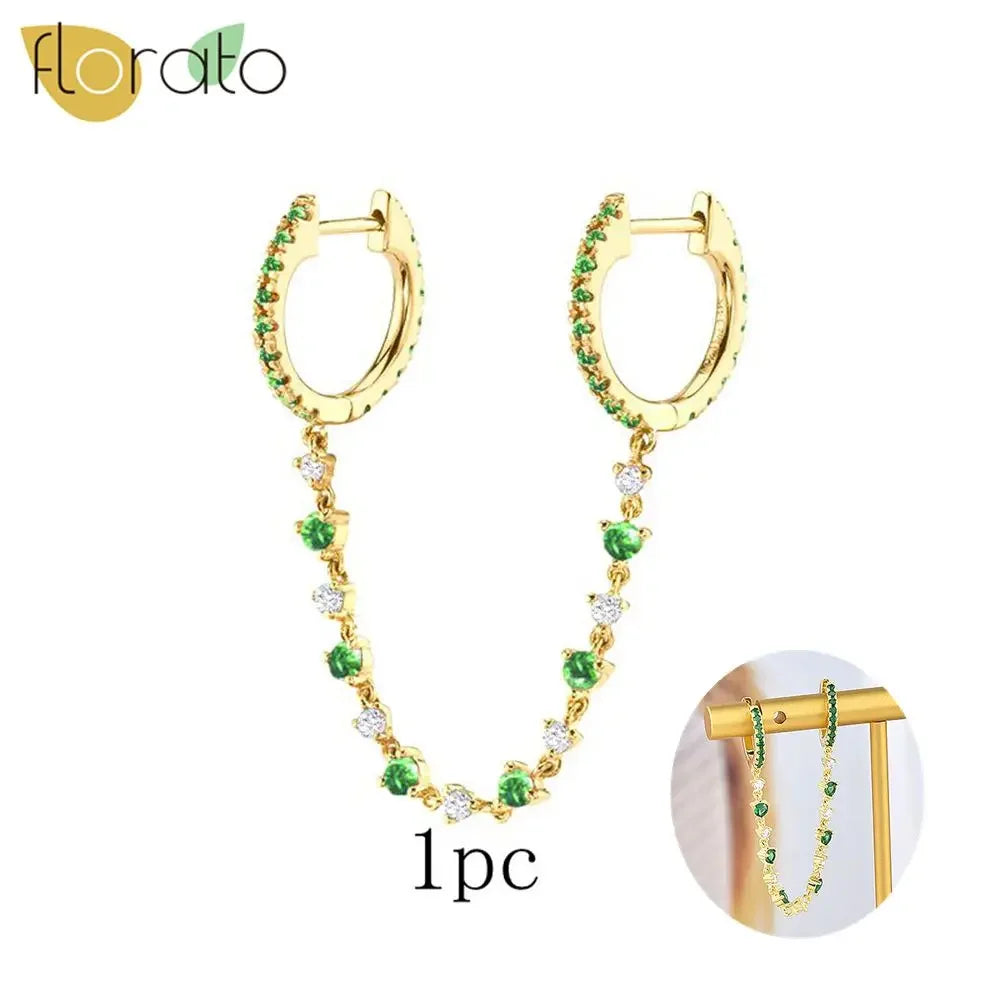 1PC 925 Sterling Silver Ear Needle Colorful Zircon Chain Tassel Hoop Earrings for Women Two Holes Earring Jewelry