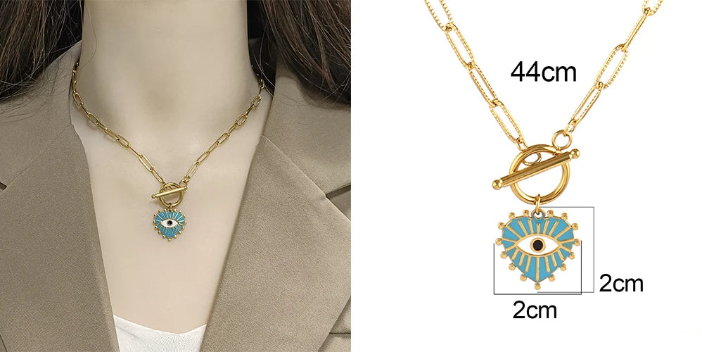 316L Stainless Steel Heart Necklace For Women OT Buckle Choker Necklace Eye Shape Color Enamel Pendant Necklaces Chains Jewelry