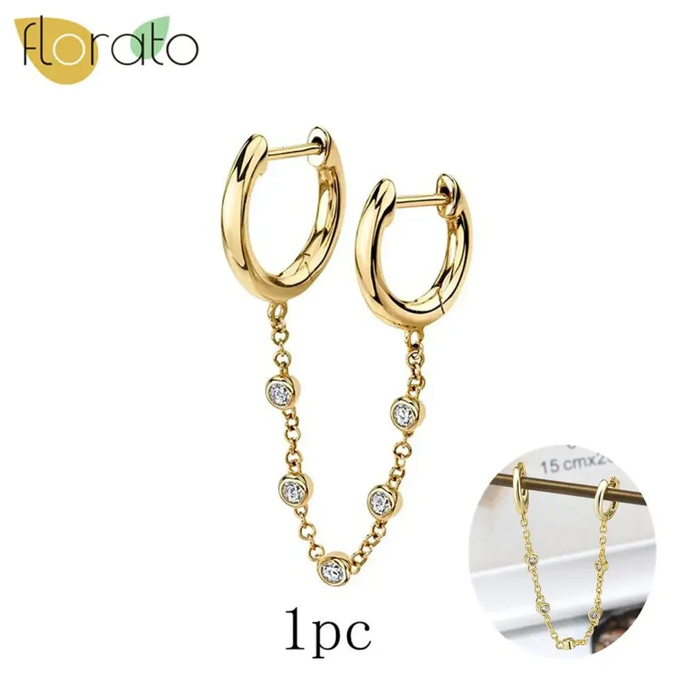1PC 925 Sterling Silver Ear Needle Colorful Zircon Chain Tassel Hoop Earrings for Women Two Holes Earring Jewelry